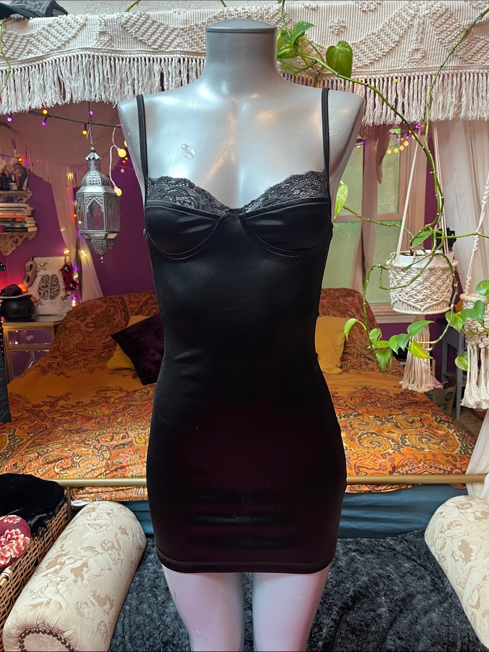 Black Goth Grunge silky satin bodycon lace trim bustier mini dress